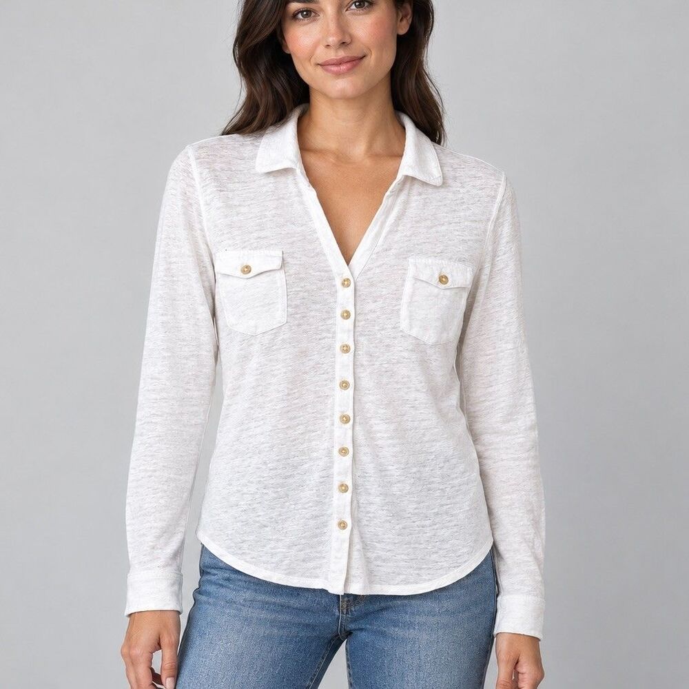 Margaret O’Leary White Linen Shirt Womens M Button Front Long Sleeve Minimalist